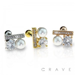 316L SURGICAL STAINLESS STEEL CARTILAGE BARBELL WITH PEARL STRAIGHT CZ